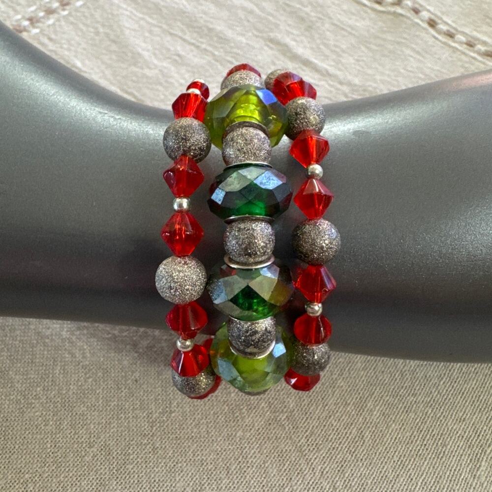 3 Strand Coil Bracelets Teal Green and Red Bevelled Beads W Silver Glitter Beads